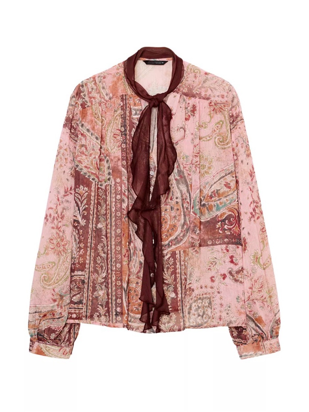 Zara Pink & Brown Paisley Ruffle-Neck Blouse